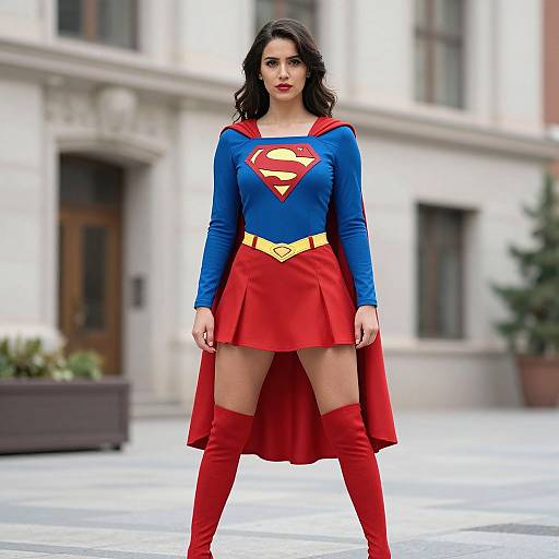 Photograph of a dark-haired woman in a blue Supergirl costume with red skirt, cape, and boots, standing confidently in front of a city
