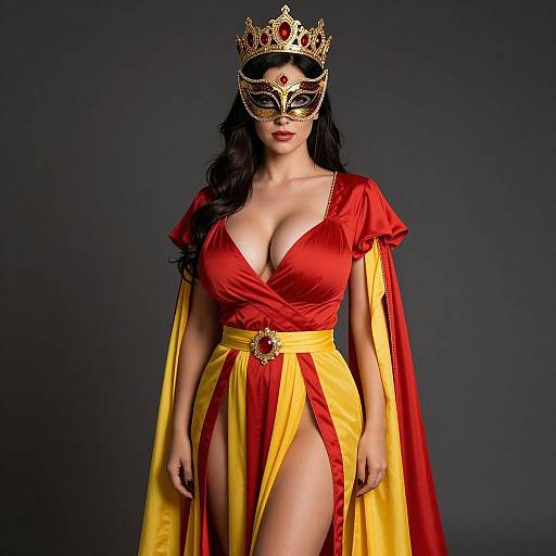 Photograph of a woman with long black hair, wearing a gold crown, black mask, red and yellow draped gown, and revealing high slit, standing