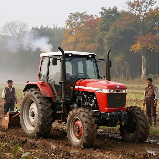Vintage Tractor in Muddy Autumn Countryside