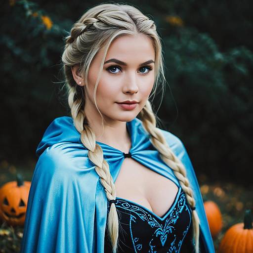 Blonde Woman in Blue Elsa Costume with Halloween Pumpkins