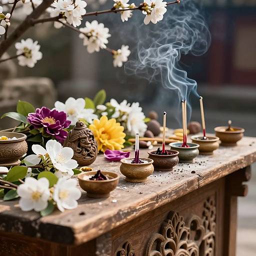 Photograph of a wooden altar with incense sticks, floral arrangements, and ornate bowls, surrounded by blooming white flowers and smoke.