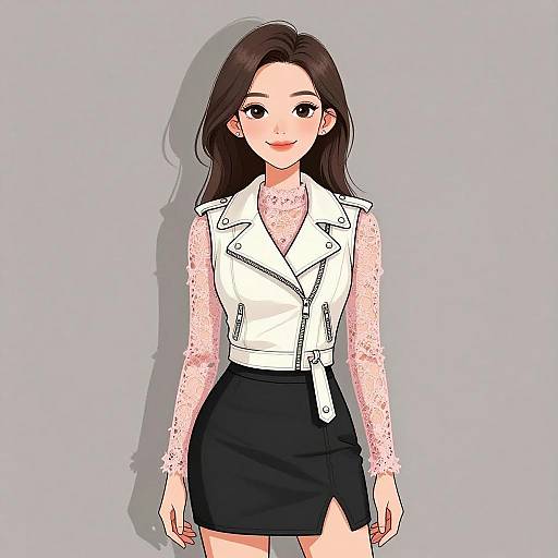 Digital anime-style drawing of a smiling young woman with long brown hair, wearing a white lace blouse, white leather jacket, and black skirt against a plain