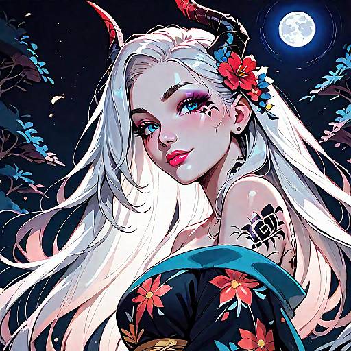 Moonlit Oni Woman in Floral Kimono