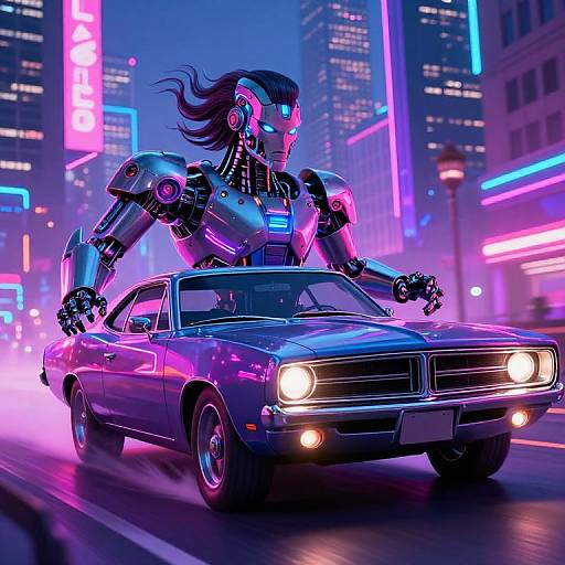 Neon-lit cyberpunk scene: robotic woman with glowing pink accents drives futuristic blue muscle car through vibrant, neon-lit city streets at night.