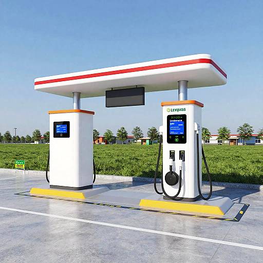 Photograph of a modern, empty gas station with two white fuel pumps, red and white canopy, yellow safety barriers, and lush green field in the