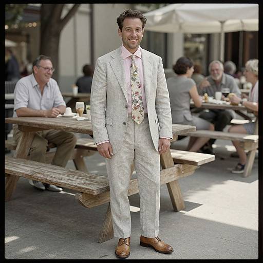 Photograph of a smiling man in a light gray suit, pink shirt, floral tie, and brown shoes, standing outdoors by wooden picnic tables with people