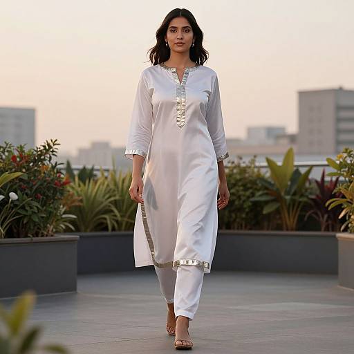 Photograph of a confident woman with medium skin tone and black wavy hair, wearing a white traditional kurta with silver embroidery, walking on a rooftop