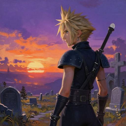 Digital painting of blond, spiky-haired warrior in black armor, with sword sheathed on back, standing in a graveyard at sunset.