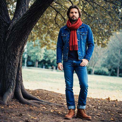 Man in Denim Outfit with Red Scarf Outdoors