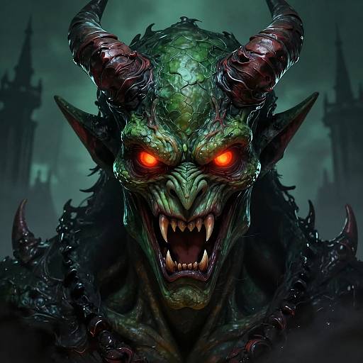 Digital artwork of a terrifying demonic figure with glowing red eyes, sharp teeth, green scaly skin, large curved horns, and dark spiked armor against a