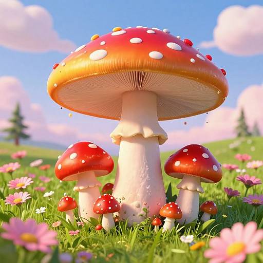 Photorealistic CGI of vibrant red and white-spotted mushrooms with droplets, surrounded by pink flowers and green grass under a bright blue sky with fluffy