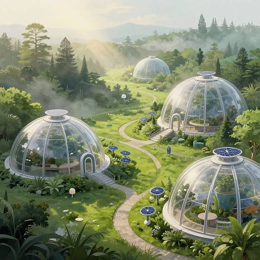Digital illustration of a sunlit, misty garden with three transparent dome greenhouses, surrounded by lush greenery, winding pathways, and blue flower accents