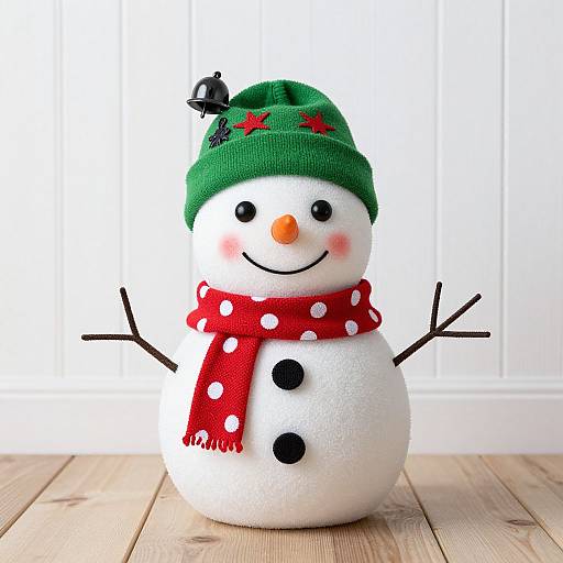 Photograph of a cheerful snowman with a green hat, red polka-dot scarf, black buttons, and stick arms, standing on wooden floor against