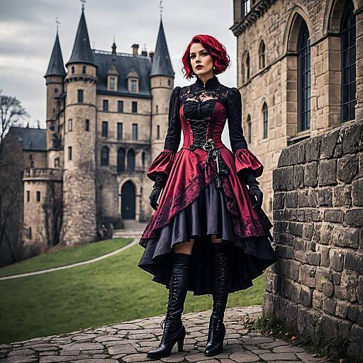 Gothic Woman in Red and Black Dress by Castle