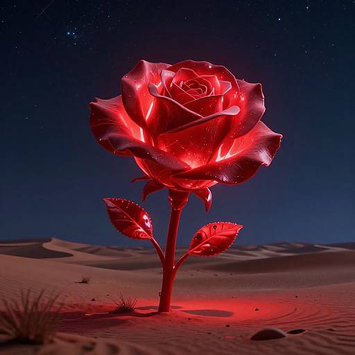 Photograph of a glowing red neon rose in a desert at night, with starry sky and dunes illuminated by red light.