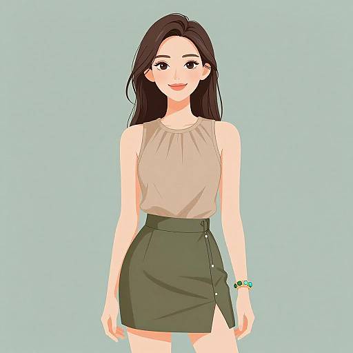 Digital anime-style drawing of a young woman with long black hair, fair skin, wearing a beige sleeveless top and green high-waist skirt,