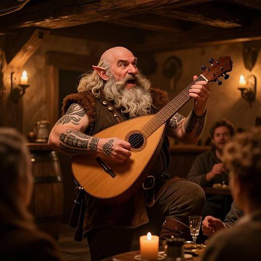 Photograph of a bald, bearded elf with tattoos, playing a lute in a dimly lit, rustic tavern with candlelight, patrons in