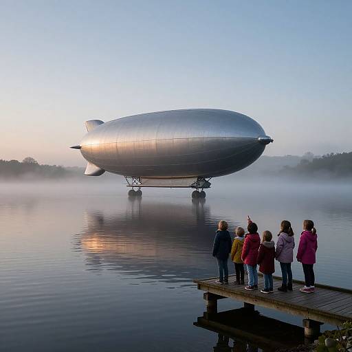 Photograph of six children in colorful jackets standing on a wooden dock, gazing at a large, silver zeppelin on a misty lake at dawn