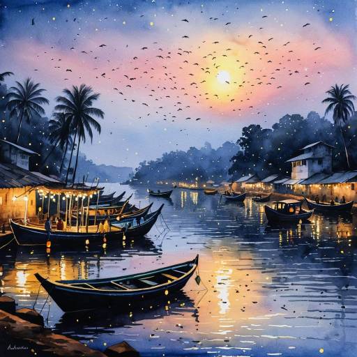 Twilight View of Mandovi River with Fishing Boats
