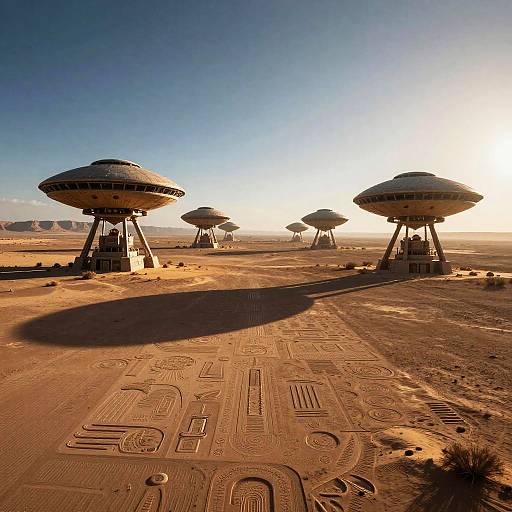 Photograph of a desert landscape with five large, dome-shaped, alien spacecraft on tall legs, casting long shadows on carved sand patterns at sunset.