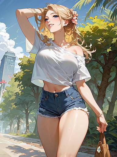 Woman in Daisy Duke Shorts on City Sidewalk