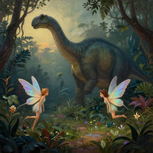 Digital artwork of two fairy-like children with glowing blue wings, playing in a lush jungle, with a large, green dinosaur in the background at sunset.