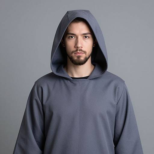 Photograph of a bearded man with medium skin tone, dark hair, and serious expression, wearing a navy blue hooded sweatshirt against a plain