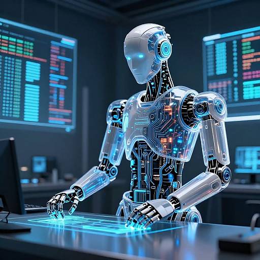 CGI image of a glowing, white, futuristic humanoid robot with blue neon accents, typing on a sleek, dark desk in a high-tech control room