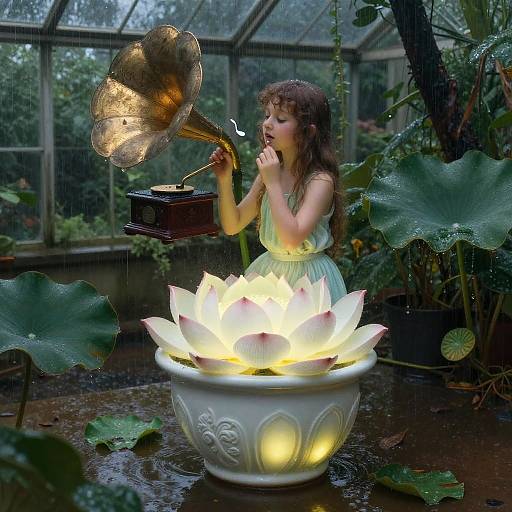 Photograph of a young girl with curly brown hair, wearing a light green dress, playing a vintage brass horn beside a glowing, illuminated lotus flower