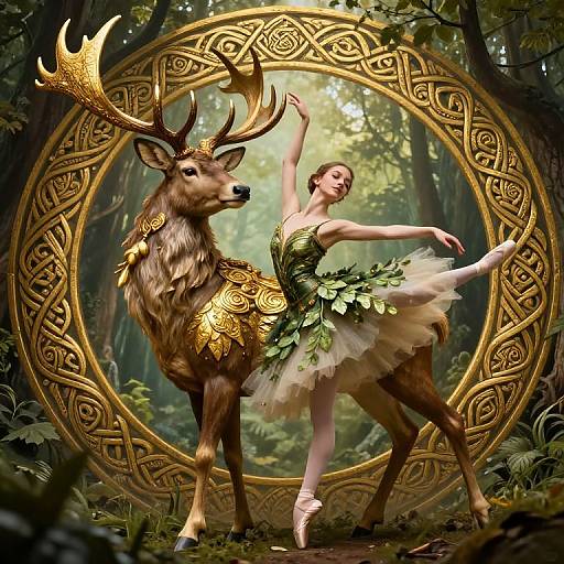 Digital artwork: Elegant ballerina in green leafy tutu, dancing beside a majestic deer with golden armor in enchanted forest, framed by ornate