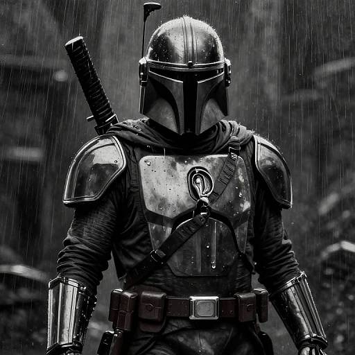 Photograph of a stormtrooper-like soldier in metallic armor, rain-soaked, with a sheathed sword on the back, standing in a rainy