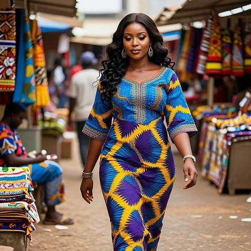 Photograph of an African woman with long black hair, wearing a vibrant blue and yellow patterned dress, walking confidently through a colorful, bustling market.
