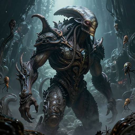 Digital artwork of a muscular, black, biomechanical alien with a shiny, segmented head and numerous tentacles, standing in a dark, eerie alien