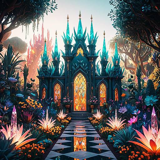 Mythical Crystal Garden with Glowing Phoenixes