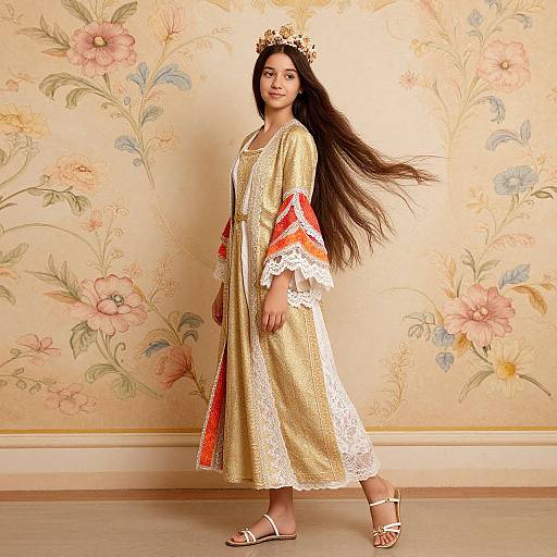 Photograph of an Asian woman with long black hair, wearing a gold lace dress, floral crown, and white sandals, standing against a floral-patterned
