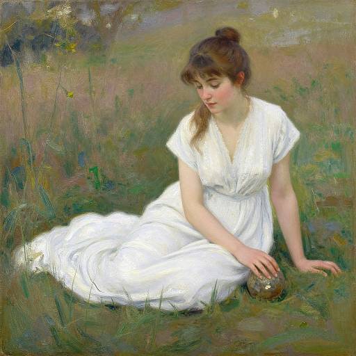 Impressionist painting of a fair-skinned woman with brown hair in a bun, wearing a white dress, sitting on grass, gently touching a small