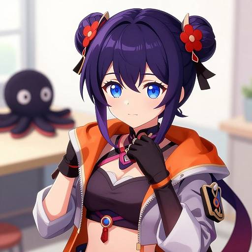 Digital anime-style drawing of a blue-haired girl with twin buns, red flowers, blue eyes, black gloves, orange jacket, black top, in