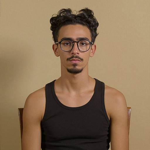 Photograph of a young man with medium brown skin, curly black hair, glasses, goatee, black tank top, and neutral expression, seated against