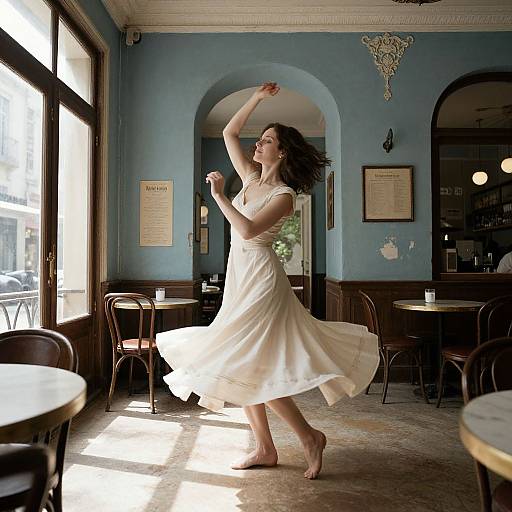 Photograph of a barefoot, fair-skinned woman with dark hair, wearing a flowing white dress, dancing in a sunlit, vintage café with