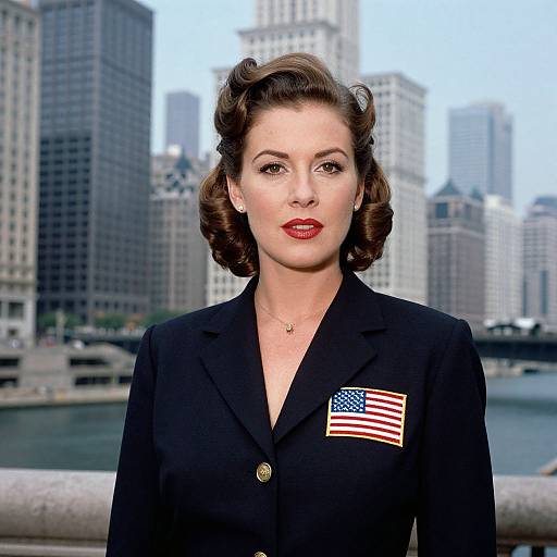 Photograph of a fair-skinned woman with vintage curled brown hair, red lipstick, black blazer, American flag pin, against a cityscape background