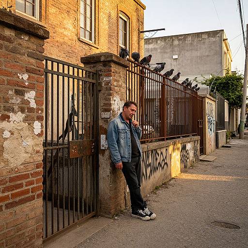 Photograph of a bearded man in a denim jacket and black pants, leaning against a brick wall with black iron gate, surrounded by pigeons,
