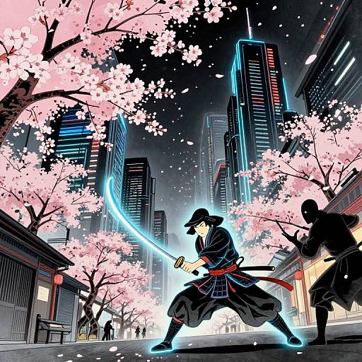 Dynamic anime-style drawing: Two samurai duel under cherry blossoms in a neon-lit, futuristic cityscape. One wields a glowing blue sword