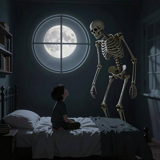 Eerie Encounter: Child and Skeleton in Moonlight