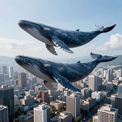 Photorealistic CGI: Two massive blue whales soaring above a bustling cityscape with tall skyscrapers, clear blue sky, and distant mountains.