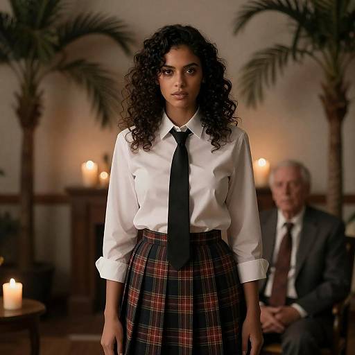Photograph of a curly-haired woman in a white shirt, black tie, and plaid skirt, standing in a dimly lit room with palm trees