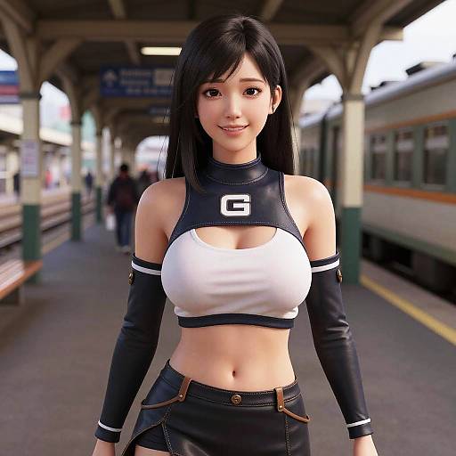 CGI anime-style woman with black hair, large breasts, wearing a black and white crop top, black arm sleeves, and black shorts, standing on