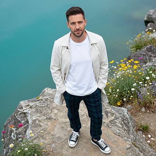 Photograph of a bearded man with short dark hair, wearing a white shirt, white coat, dark jeans, and black Converse sneakers, standing
