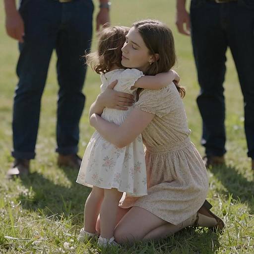 Young Woman Hugging Child Outdoors