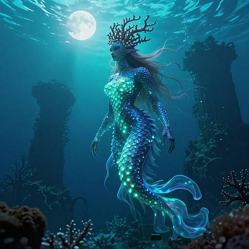 Digital artwork of a glowing, blue, mermaid-like creature with antler-like head adornments, floating in a dark, underwater ocean, illuminated by