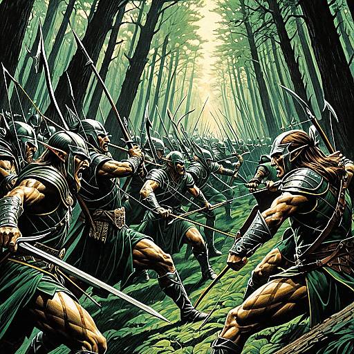 Iridescent Op-Art Elf Archer Battle Scene